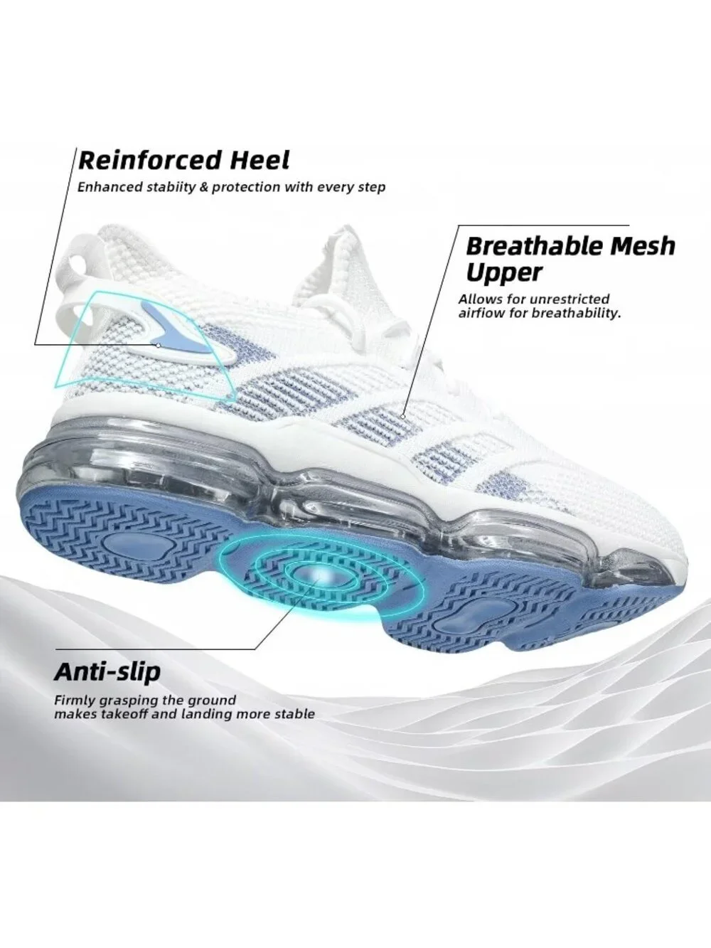 Men's White Blue Running Shoes Air Cushion Slip on Walking Tennis Sneakers